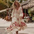 Women's Romantic Rose Patchwork Art Comfy Linen Vacation Maxi Dress elevenforest