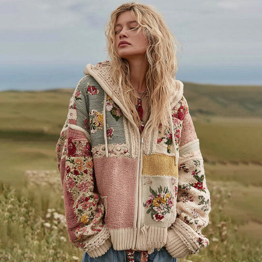 Women's Vintage Floral Patchwork Cozy Zipper Knit Sweater Hooded artswardrobe