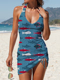 Fish Print Pleated Drawstring V-neck Tankini Pantskirt Set Swimsuit