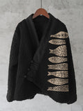Fish Japanese Lino Art Cozy Fleece Kimono Cardigan elevenforest