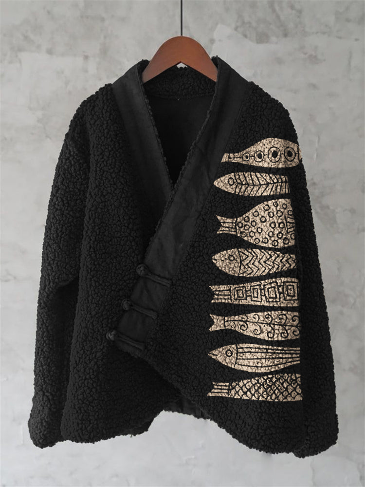 Fish Japanese Lino Art Cozy Fleece Kimono Cardigan elevenforest