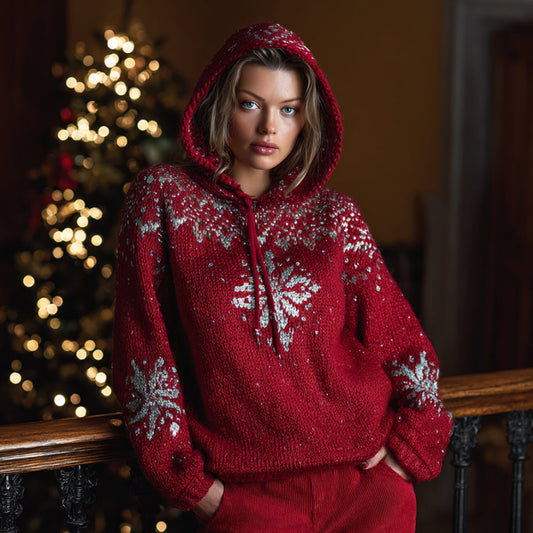 Merry Christmas Hot Diamond Snowflake Red Hooded Sweater artswardrobe