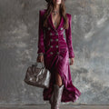 Comstylish Vintage Double-breasted Slim Fit Velvet Collared Midi Dress