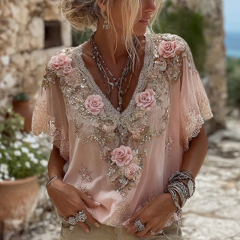 Women's Pink Roses Embroidered Art V-neck Short Sleeve Linen Blend T-shirt elevenforest