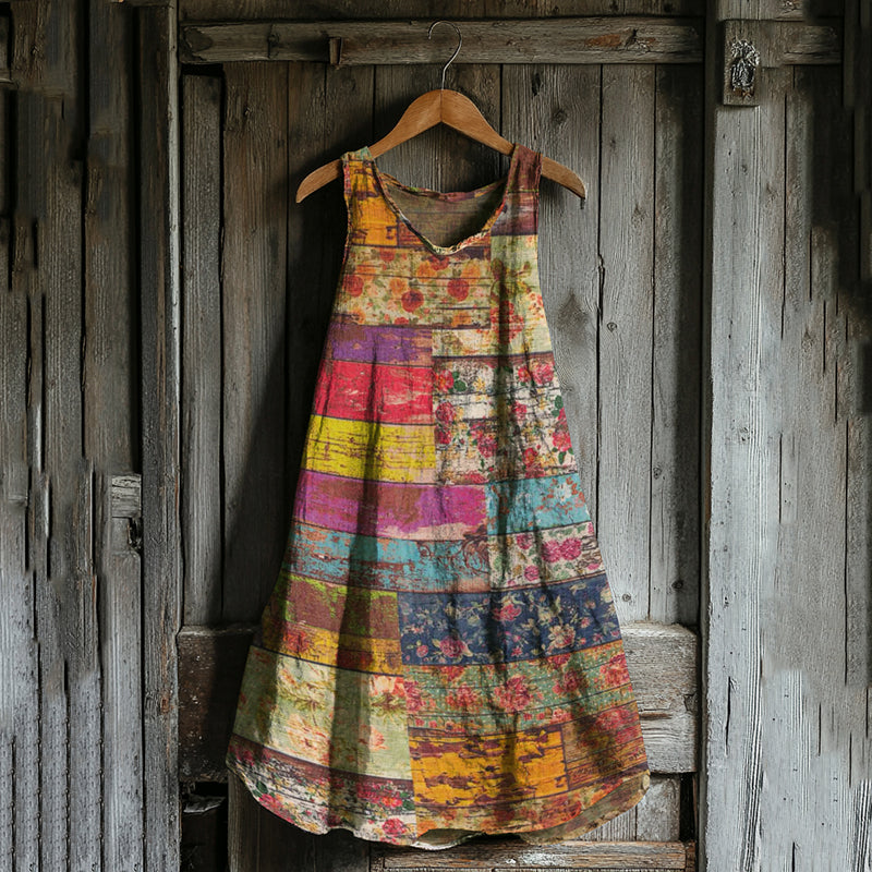Vintage Floral Patchwork Art Linen Blend Tank Midi Dress elevenforest