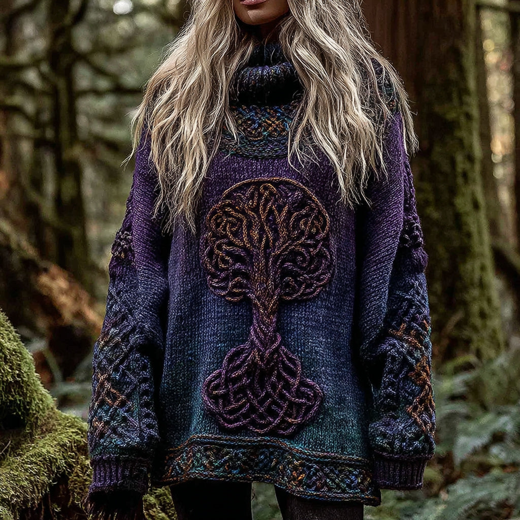 Women's Viking Tree Of Life With Celtic Knot Art Gradient Turtleneck Cozy Knit Sweater elevenforest
