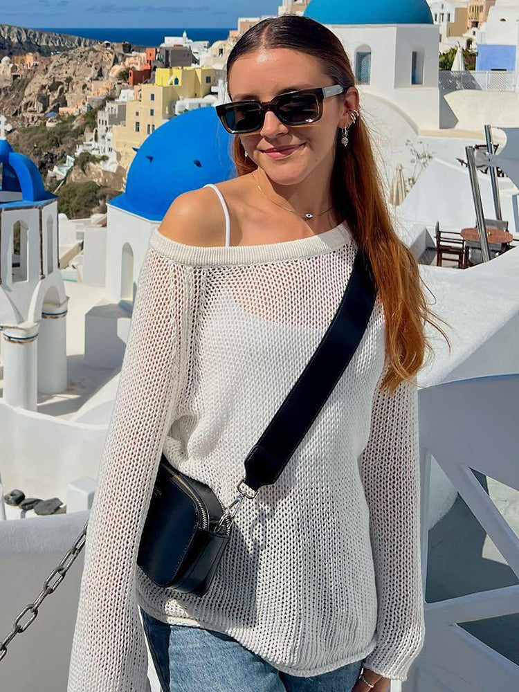 Tossy Knitted Hollow See-though Cover Up Top for Full Sleeve Loose Beach Knitwear Long Sweater Blouse Summer