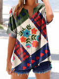 Women's Bohemian Floral Art Print Casual Cotton And Linen Shirt