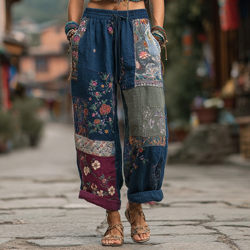 Women's Japanese Sashiko And Floral Pattern Linen Pants elevenforest