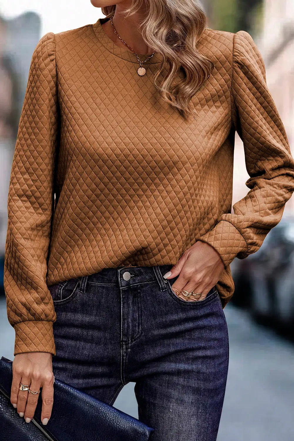 Brown Quilted Puff Sleeve Sweatshirt
