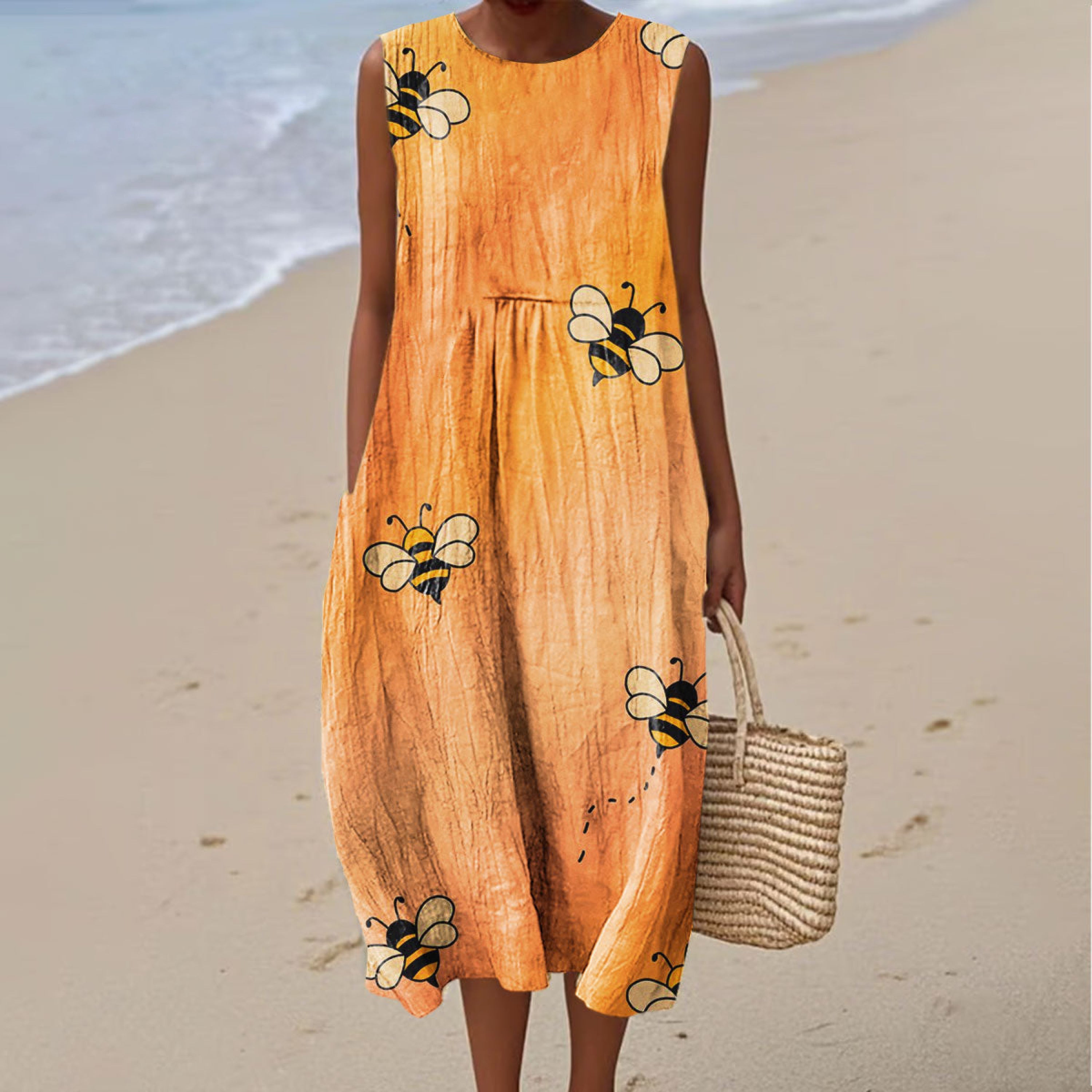 Women's Fashion Bee Art Print Sleeveless Dress elevenforest