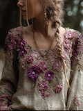 Bohemian Style Round Neck Long Sleeve 3d Purple Flower Design Cotton And Linen Top For Women elevenforest