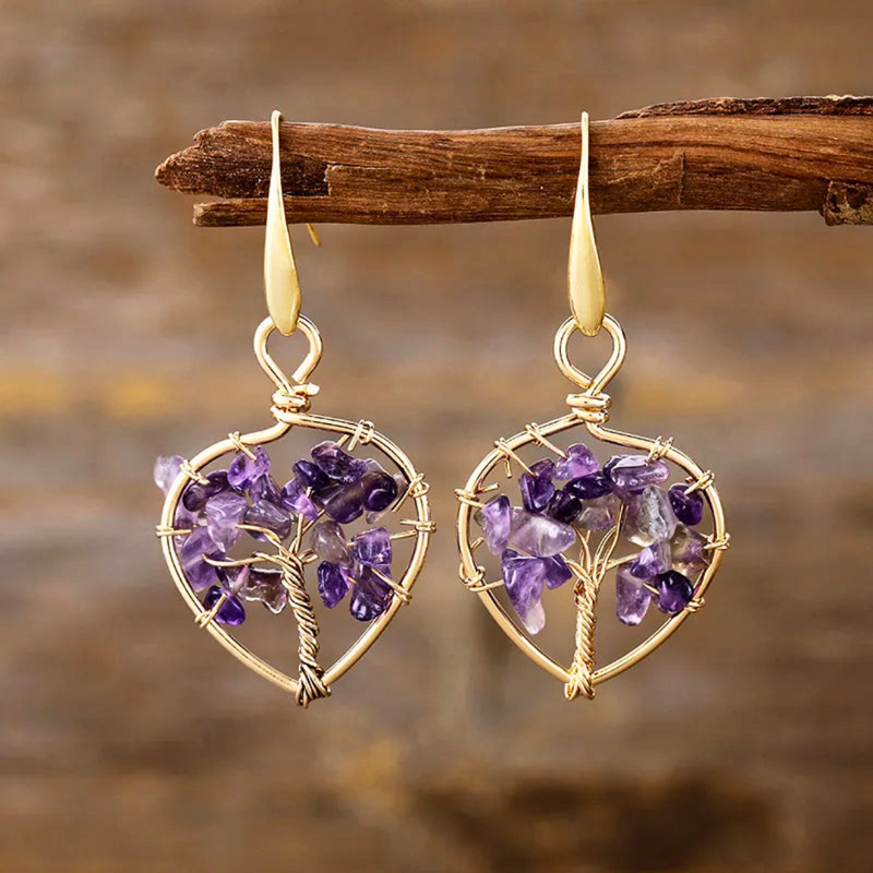 Natural Gemstone Tree of Life Heart Earrings