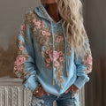 Women's Vintage Pink Flower Embroidery Art Long Sleeve Hoodie elevenforest