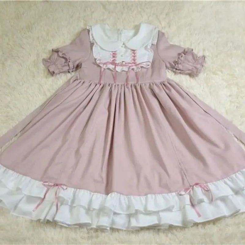 Japanese Kawaii Peter Pan Collar Lolita Dresses Patchwork Bowknot Ruffles Sweet Vestido Princess Party Femme Robe