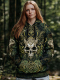 Women's Vintage Viking Tribal Celtic Skull Gradient Art Chunky Knit Hooded Sweater elevenforest