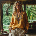 Retro Boho Tribal Floral Embroidery Print Cotton And Linen Blend Loose Blouse elevenforest