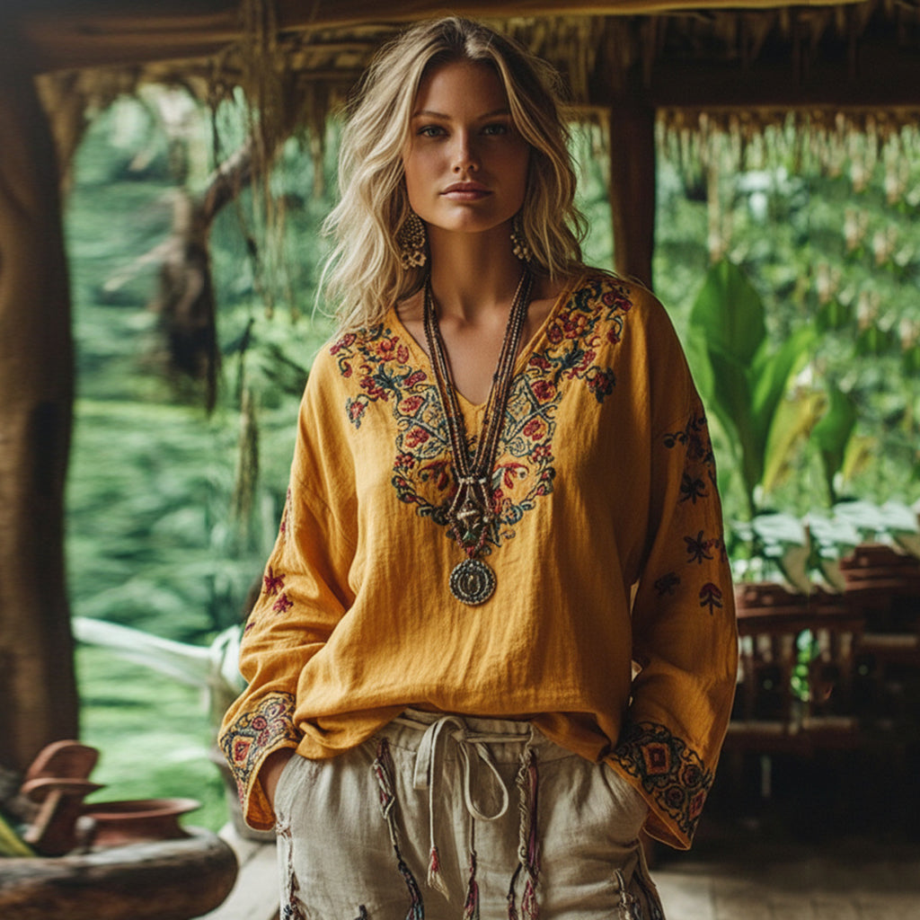 Retro Boho Tribal Floral Embroidery Print Cotton And Linen Blend Loose Blouse elevenforest