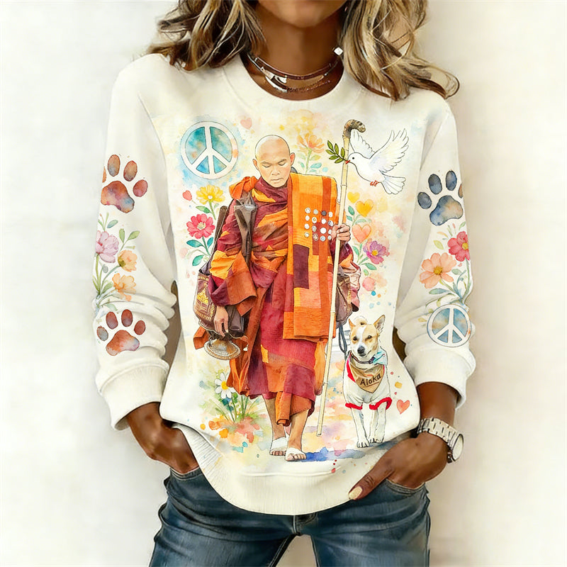 Comstylish Walk For Peace Aloka & Monk Floral Watercolor Sweatshirt