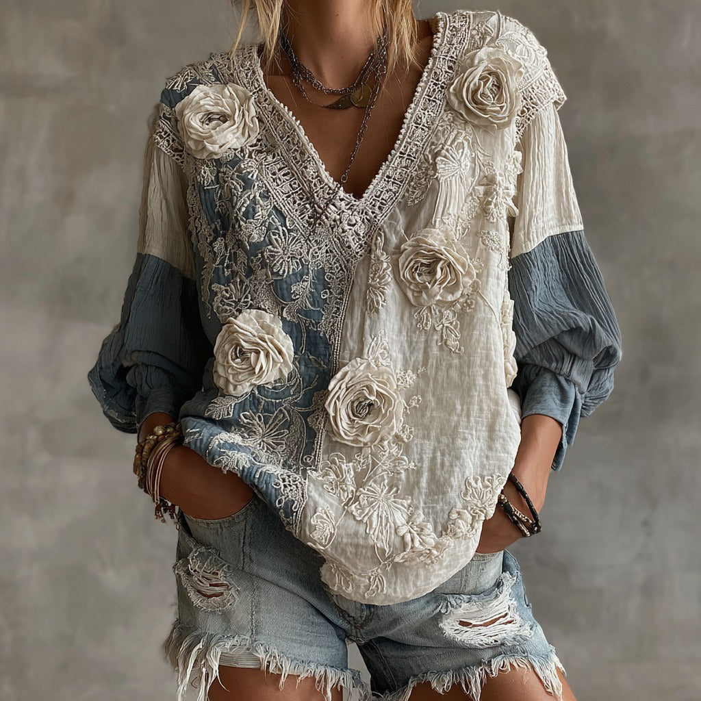 Women's Retro White Rose Contrast Casual V-neck Shirt elevenforest