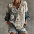 Women's Retro White Rose Contrast Casual V-neck Shirt elevenforest