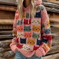 Women's Colorful Cats Pattern Art Cozy Knit Hooded Sweater elevenforest
