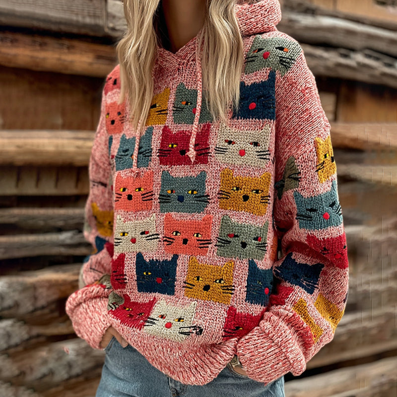 Women's Colorful Cats Pattern Art Cozy Knit Hooded Sweater elevenforest