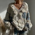 Women's Vintage White Rose Chunky Knit V-neck Sweater elevenforest