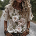 Vintage Rose Art Linen Short Sleeve Tops elevenforest