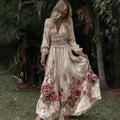 Women's Pink Roses Embroidery Art V-neck Long Sleeves Maxi Dress elevenforest