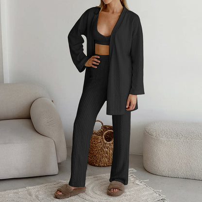 Autumn Knitted Sling Vest Pajamas Three Piece Set Cardigan Long Sleeve Pants Homewear