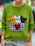 Comstylish Cute Cats Felt Art Round Neck Cozy Knit Sweater