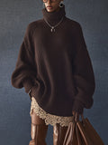 Chocolate Oversized Knit Turtleneck Long Sleeve Mini Dress With Lace Trim