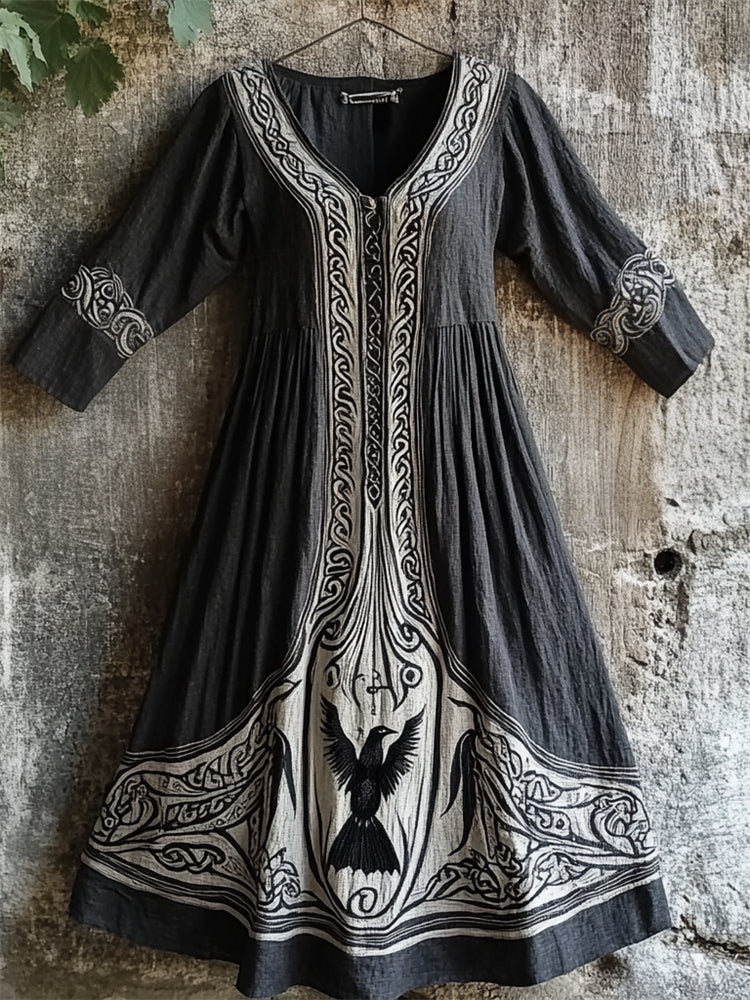Vintage Raven Viking Celtic Contrast Linen Maxi Dress elevenforest
