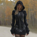 Women's Vintage Halloween Skeleton Bones Rose Lace Art Cozy Knit Hooded Sweater Dress elevenforest