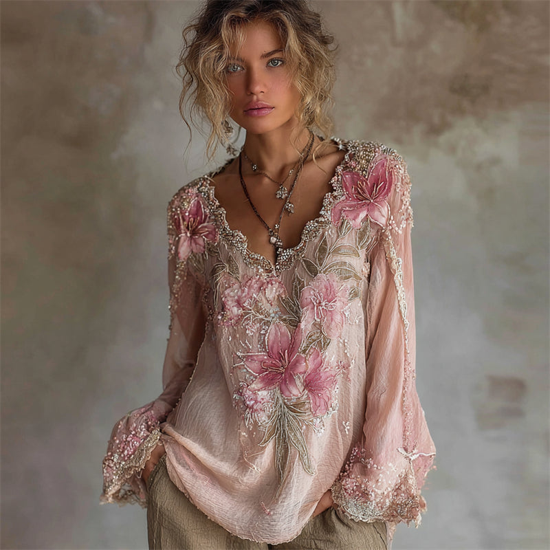 Vintage Pink Lily Floral Glitter Lace Flowy Linen Tunic elevenforest