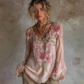 Vintage Pink Lily Floral Glitter Lace Flowy Linen Tunic elevenforest