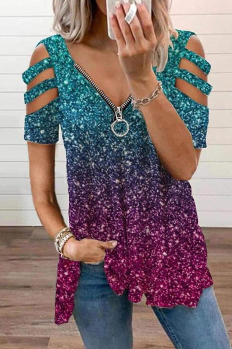 Print Patchwork V Neck T-shirts(3 Colors)