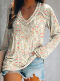 Women's Casual Retro Paisley Floral Art Print V Neck Long Sleeve Tops