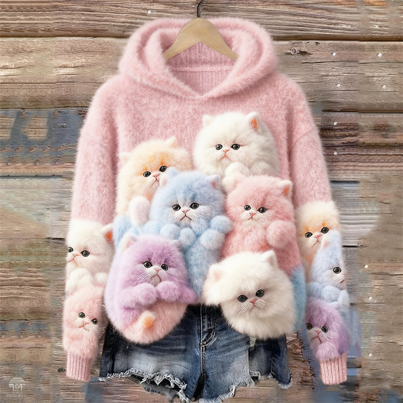 Comstylish Lovely Colorful Fluffy Cats Cozy Fuzzy Hooded Sweater