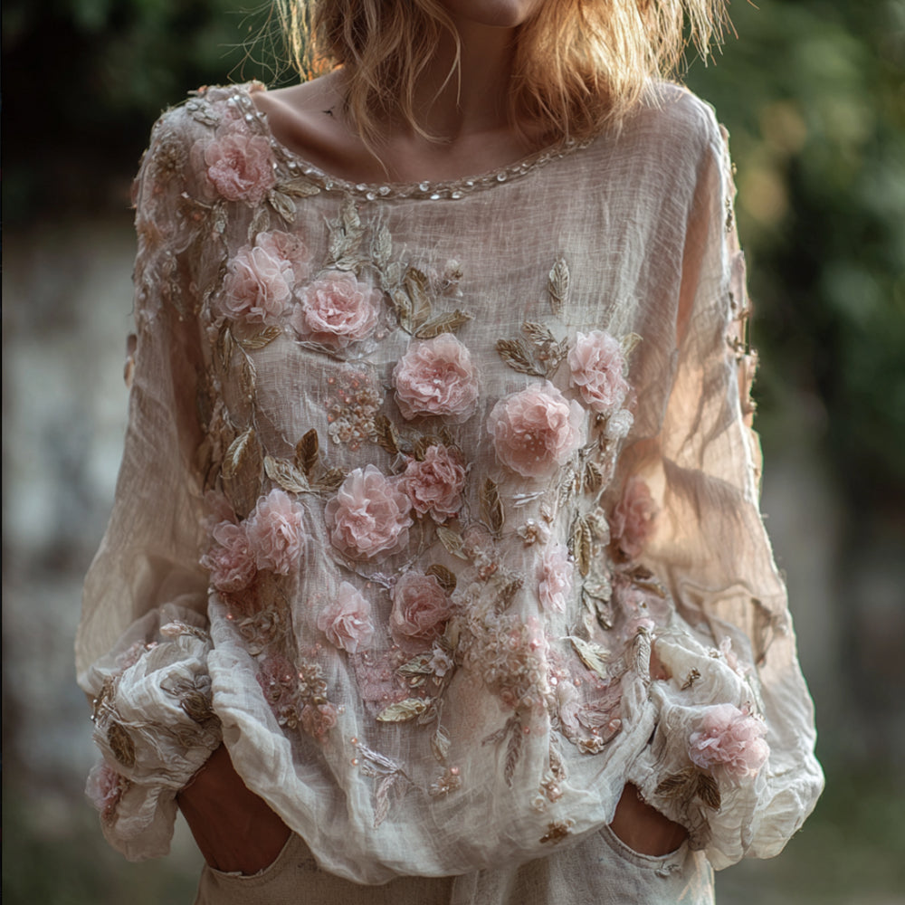Bohemian-style Embroidered Flower Vintage Round-neck Long-sleeved Top elevenforest