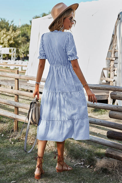 Striped V-neck Puff Short Sleeve Drawstring Midi Dress
