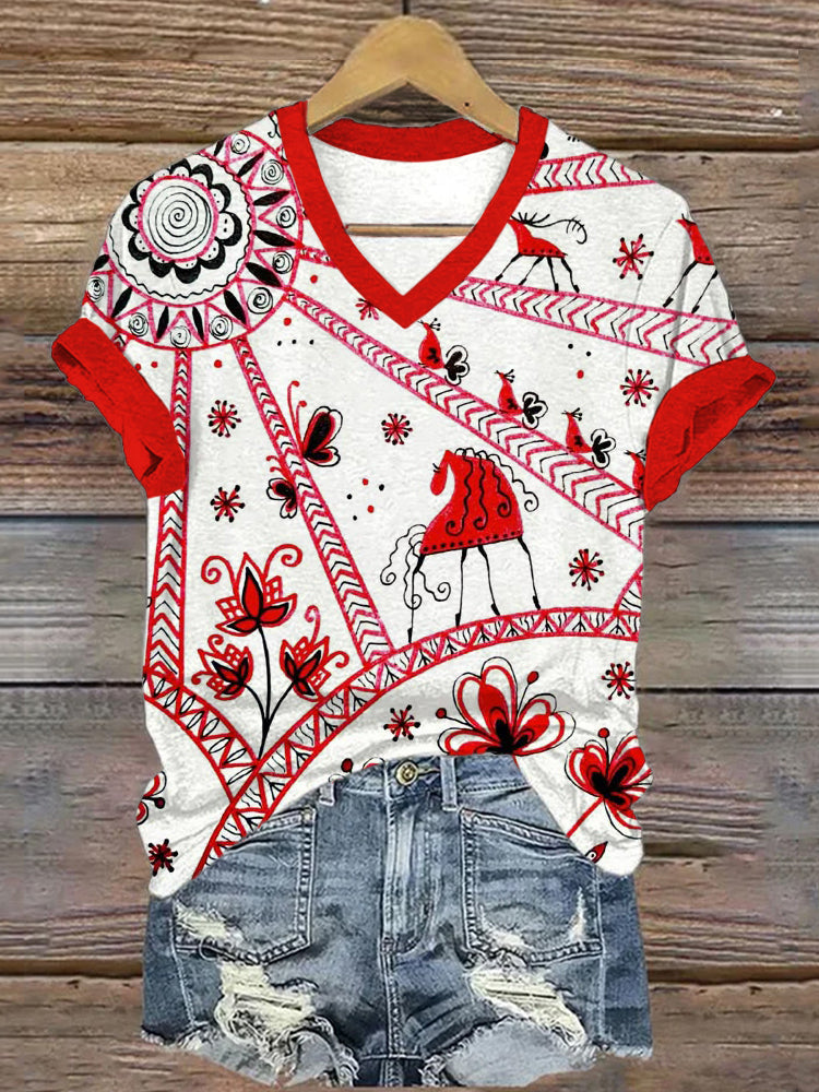 Comstylish Slavic Folk Horses Floral Art V Neck T Shirt