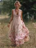 Boho Pink Roses Embroidered Flowy Linen Maxi Tank Dress elevenforest