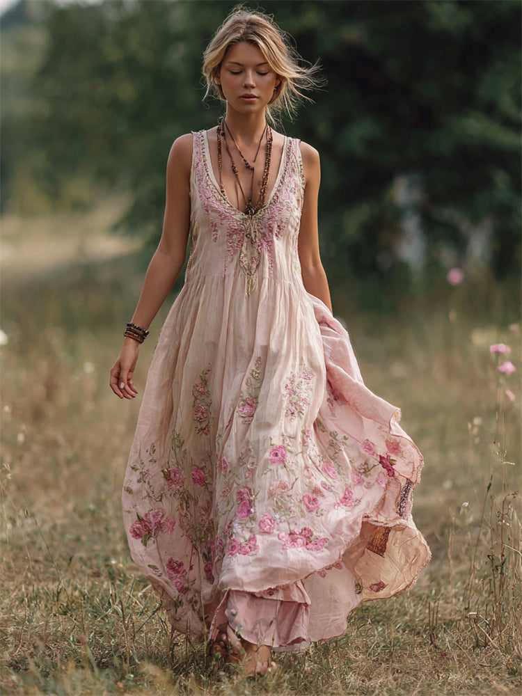 Boho Pink Roses Embroidered Flowy Linen Maxi Tank Dress elevenforest