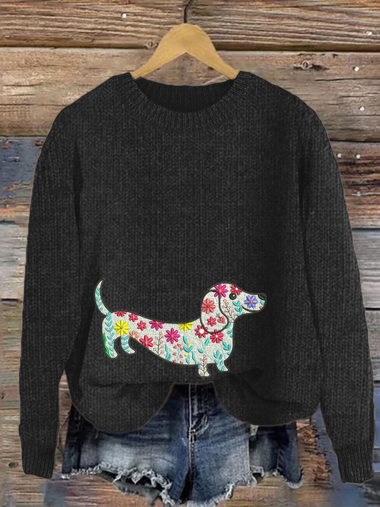 Comstylish Floral & Dachshund Embroidered Women's Cozy Sweater