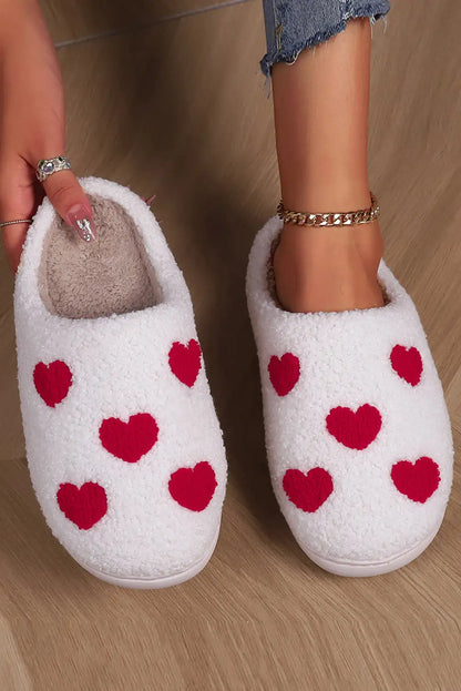 Plush White Valentines Day Hearts Print House Slippers