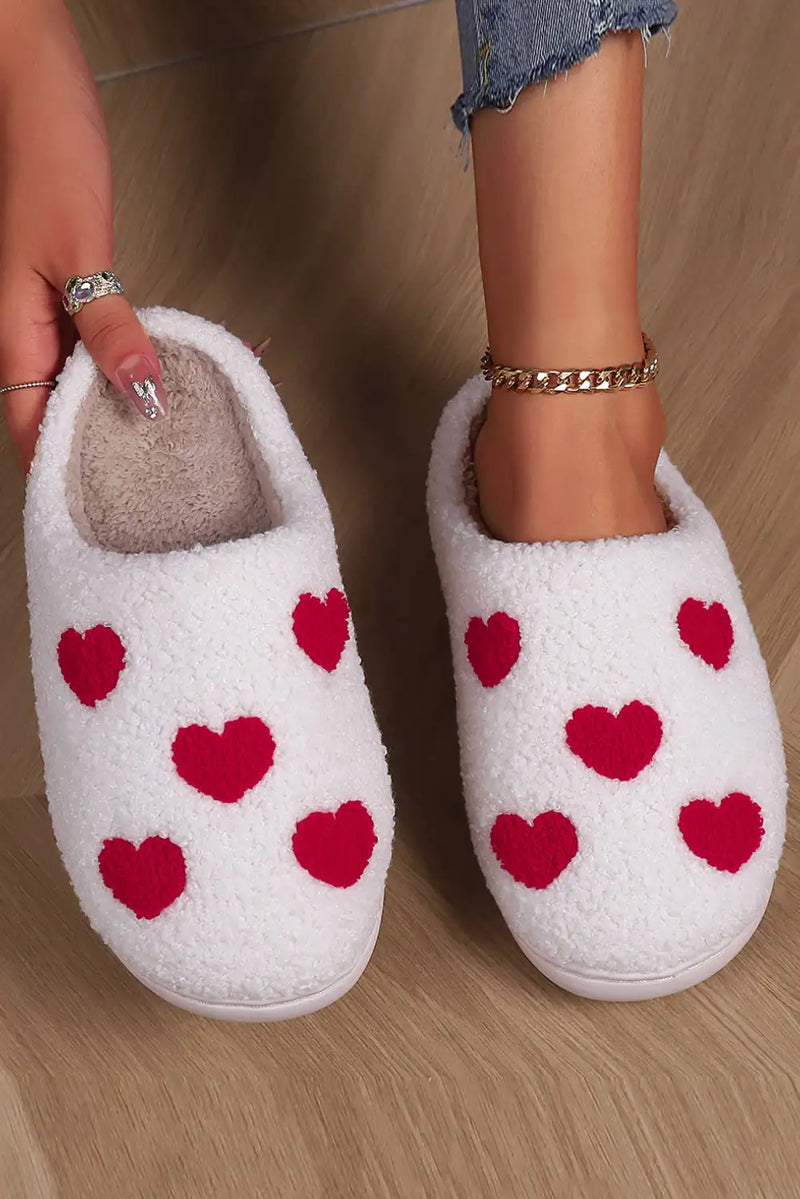 Plush White Valentines Day Hearts Print House Slippers