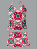 Women's Floral Print Suspender Shirred Swimsuit Set