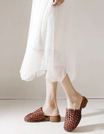 Leather Woven Slippers Wide Mules for
